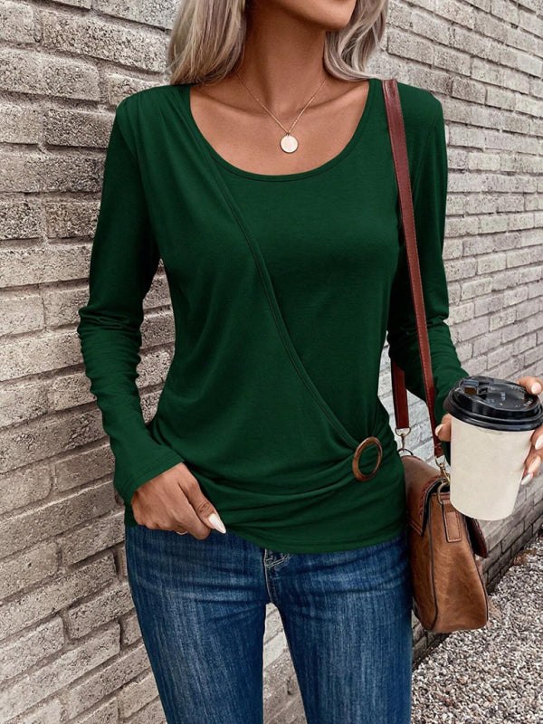 Round neck buckle pleated waist fashionable women’s top - Green / S