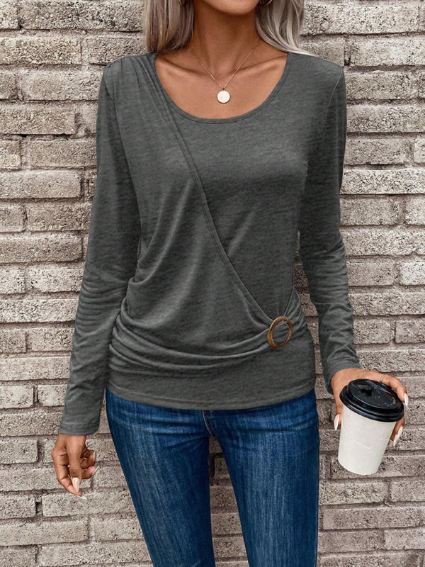 Round neck buckle pleated waist fashionable women’s top - Grey / S
