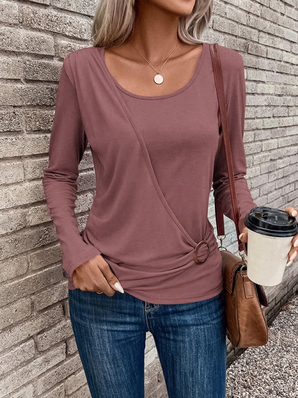 Round neck buckle pleated waist fashionable women’s top - Pink / S