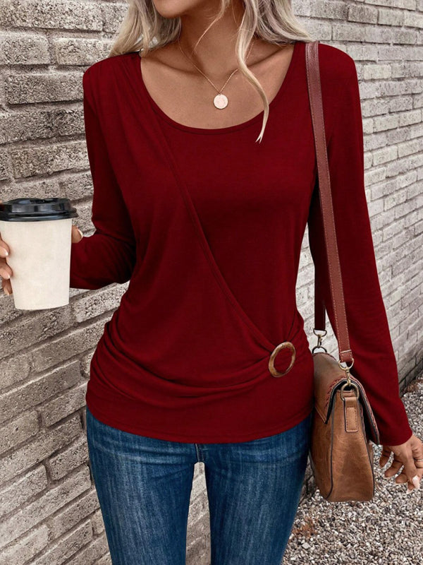 Round neck buckle pleated waist fashionable women’s top - Red / S