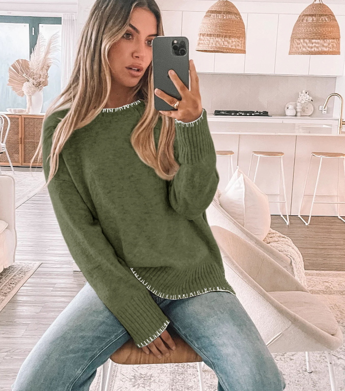 Round neck casual long sleeve sweater solid color all-match split pullover sweater - Green / S