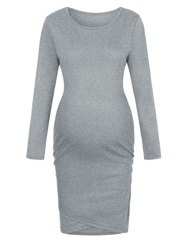 Round neck long sleeve solid irregular pregnant women’s dress