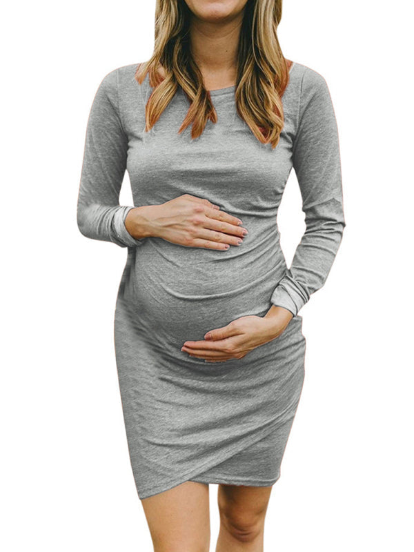 Round neck long sleeve solid irregular pregnant women’s dress - Grey / S
