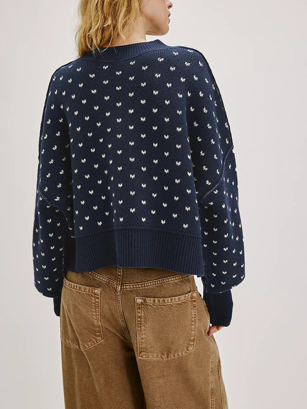 Round neck sweater short loose butterfly jacquard pullover sweater