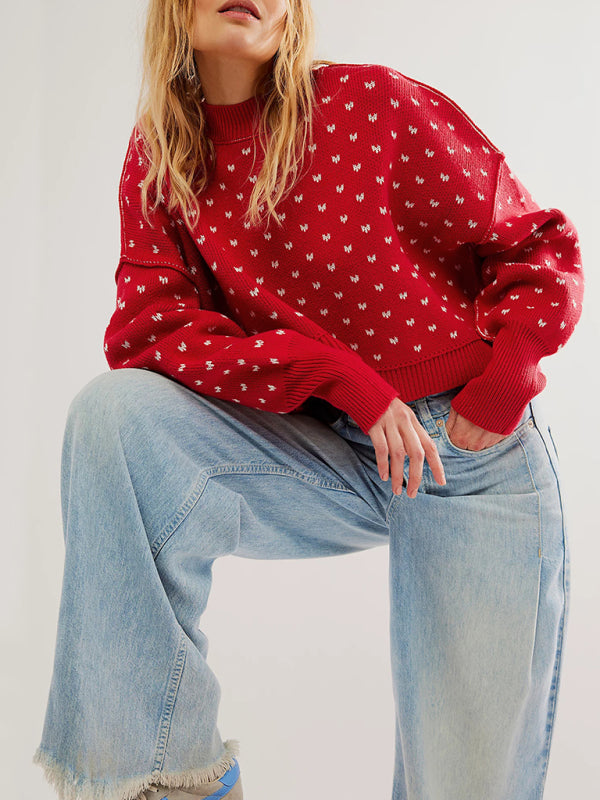 Round neck sweater short loose butterfly jacquard pullover sweater - Red / S
