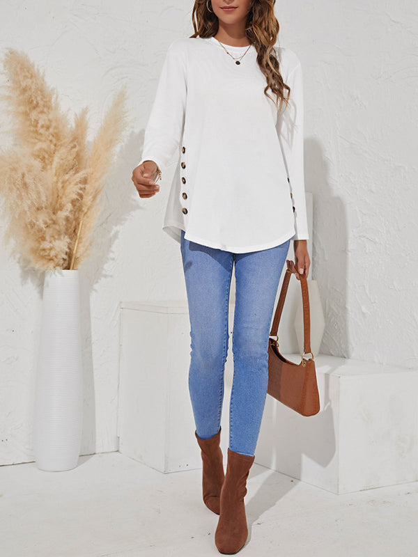 Round Neck Women’s Casual Simple Button Long Sleeve T-Shirt