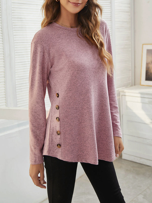 Round Neck Women’s Casual Simple Button Long Sleeve T-Shirt