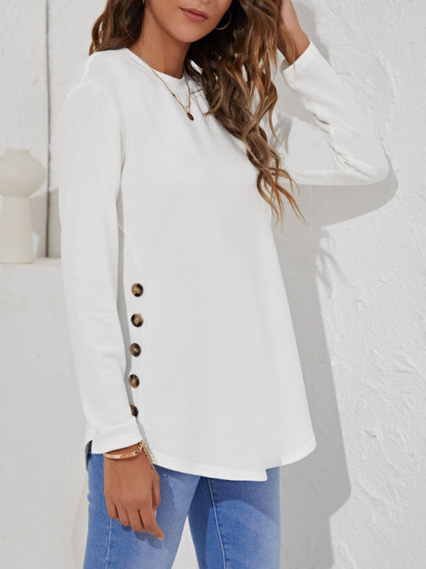 Round Neck Women’s Casual Simple Button Long Sleeve T-Shirt