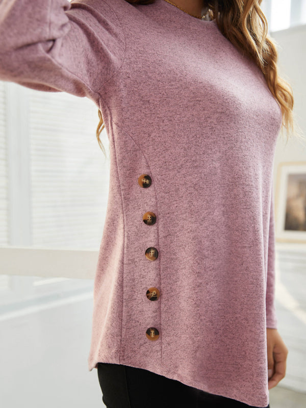 Round Neck Women’s Casual Simple Button Long Sleeve T-Shirt