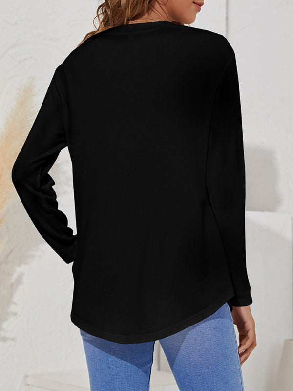 Round Neck Women’s Casual Simple Button Long Sleeve T-Shirt