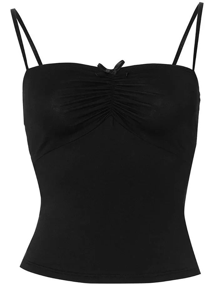 RUCHED BOW CAMI TOP BLACK VINTAGE RUCHED DESIGN