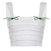 RUCHED CROP TOP WHITE WITH GREEN BOW ACCENTS