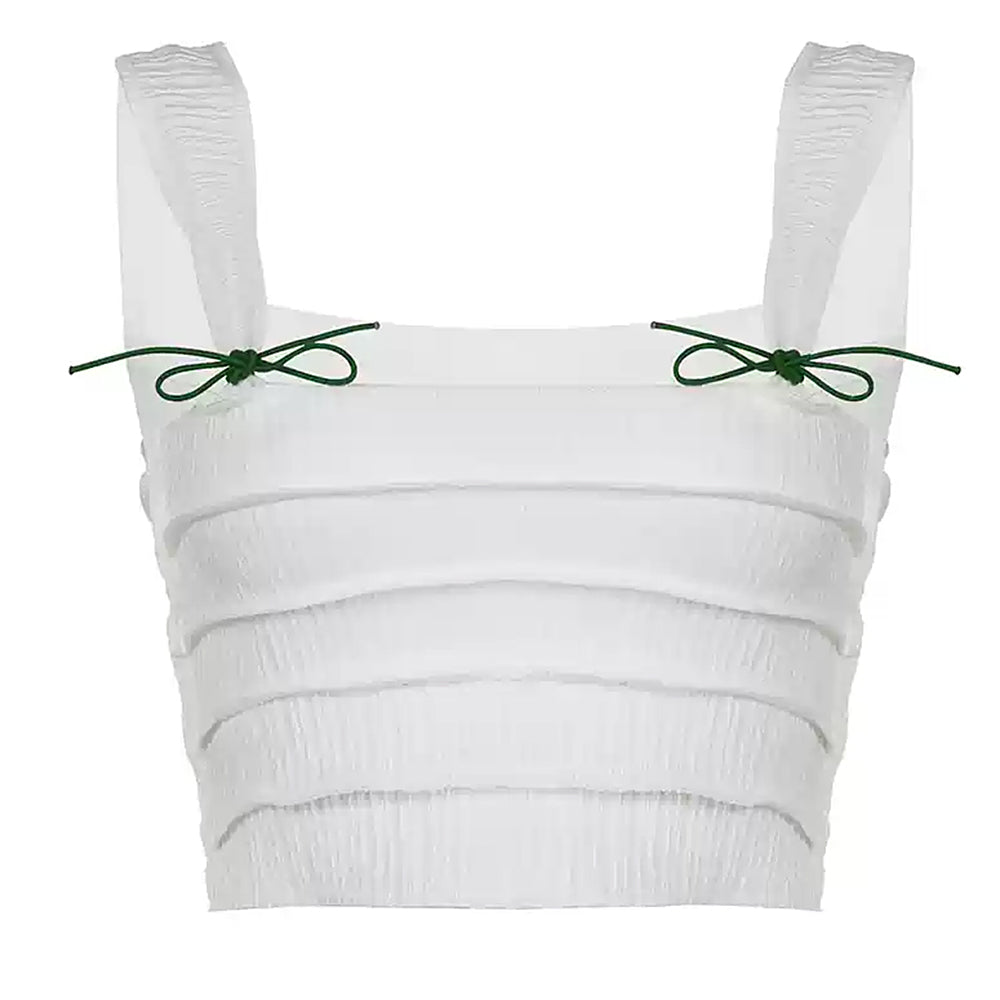 RUCHED CROP TOP WHITE WITH GREEN BOW ACCENTS