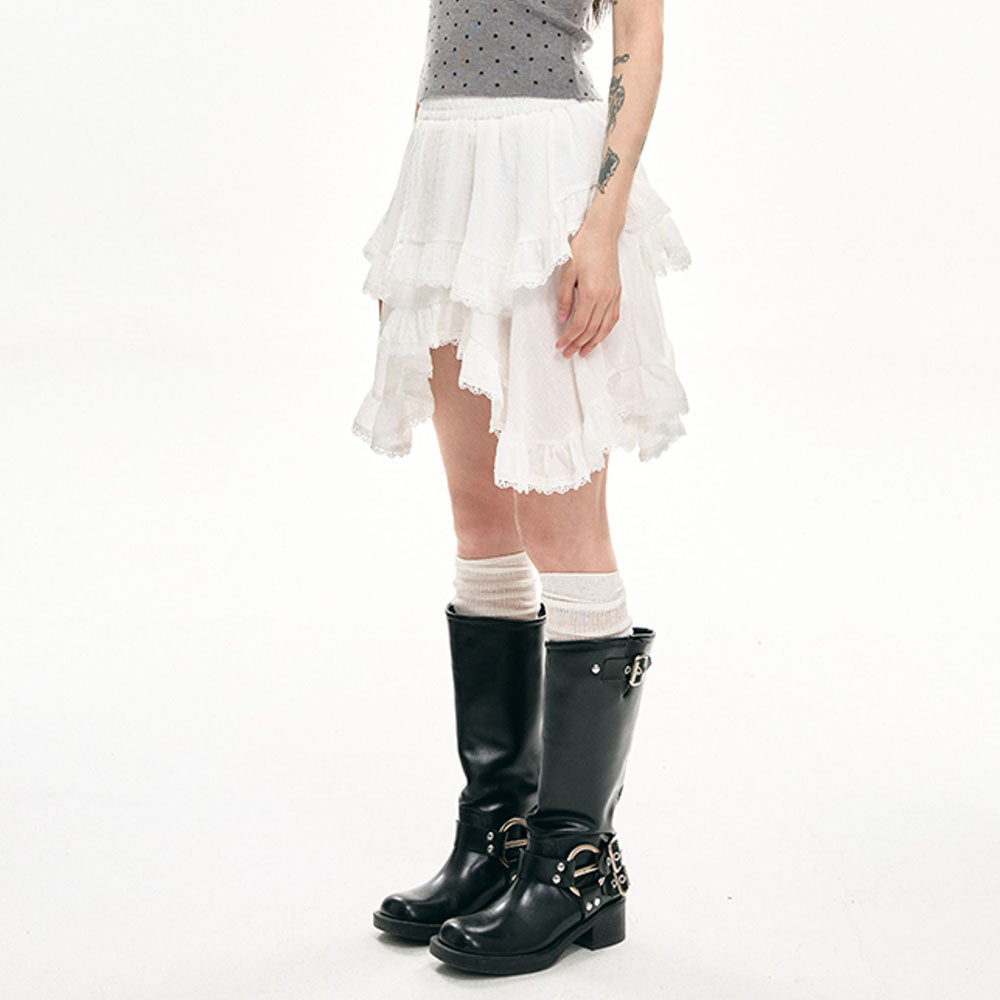 RUFFLED HIGH-LOW SKIRT WITH LACE TRIM