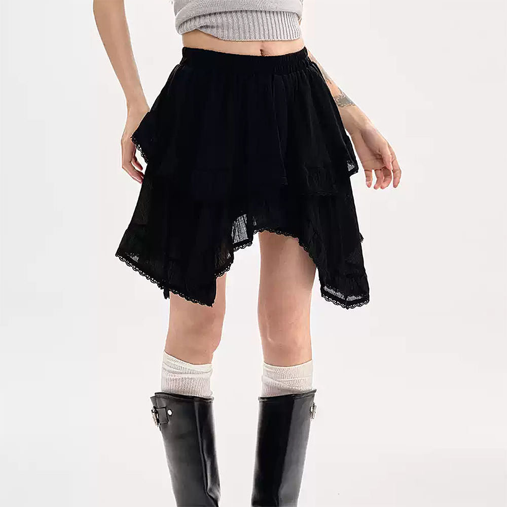 RUFFLED HIGH-LOW SKIRT WITH LACE TRIM