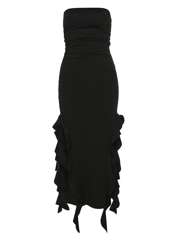 RUFFLED SLIT MAXI DRESS WITH IRREGULAR HEM FOR STREET STYLE STRAPLESS