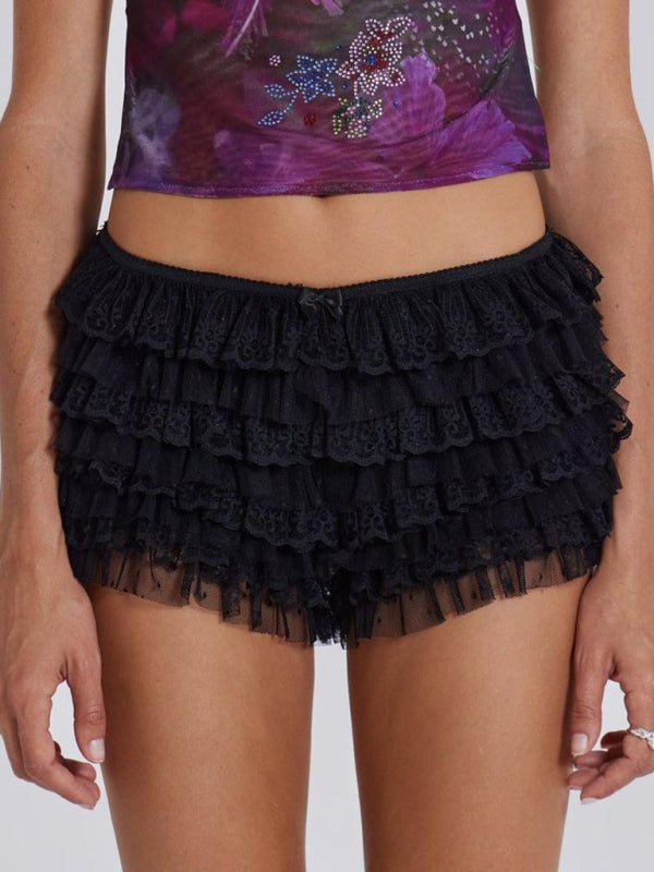 Ruffled Wavy Low Rise Shorts - Black / S