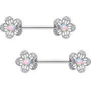 White Synthetic Opal Frozen Flower Barbell Nipple Ring Set