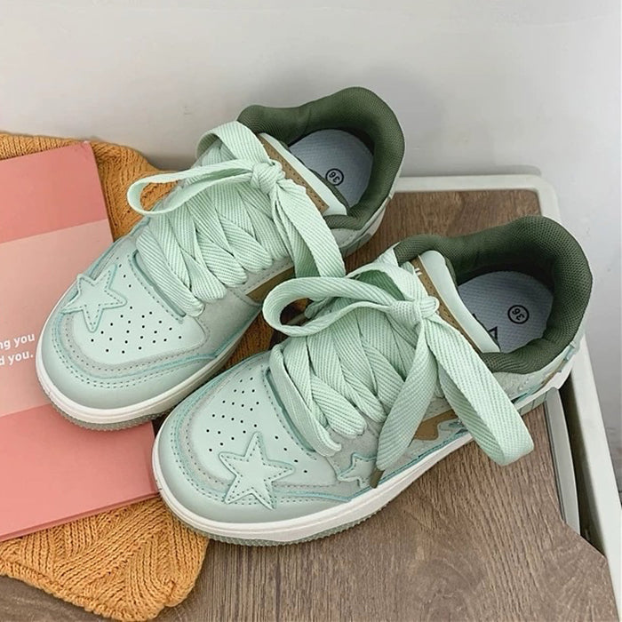 SAGE GREEN VEGAN LEATHER SNEAKERS WITH JELLY STAR ACCENTS