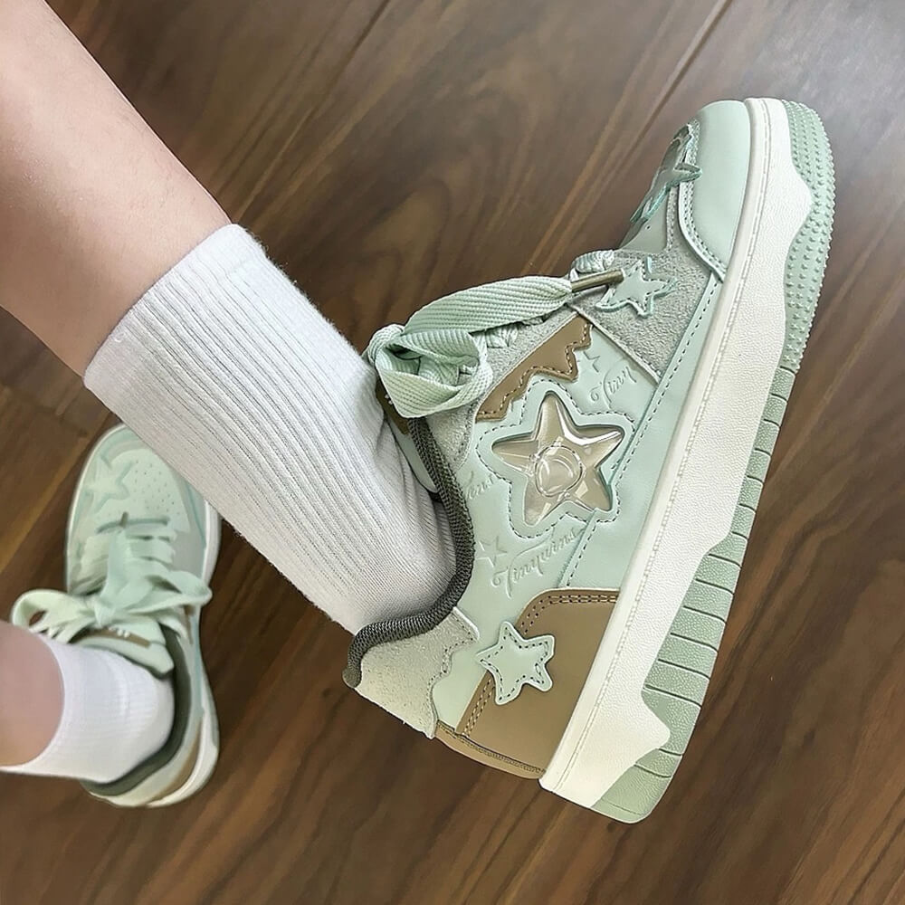 SAGE GREEN VEGAN LEATHER SNEAKERS WITH JELLY STAR ACCENTS