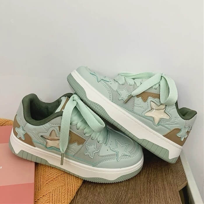 SAGE GREEN VEGAN LEATHER SNEAKERS WITH JELLY STAR ACCENTS