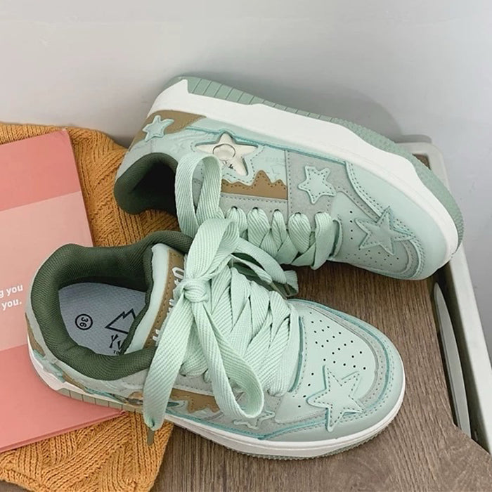 SAGE GREEN VEGAN LEATHER SNEAKERS WITH JELLY STAR ACCENTS