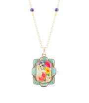 Scenic Floral and Blue Turquoise Golden Pendant Necklace