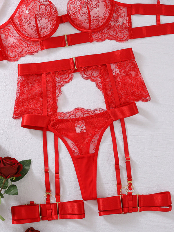 See-through embroidered lace sexy lingerie four-piece set
