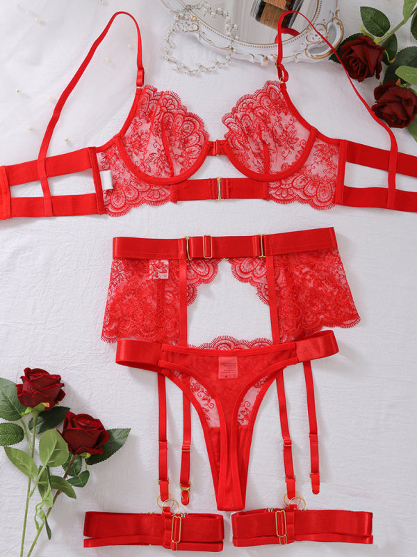 See-through embroidered lace sexy lingerie four-piece set - Red / XS