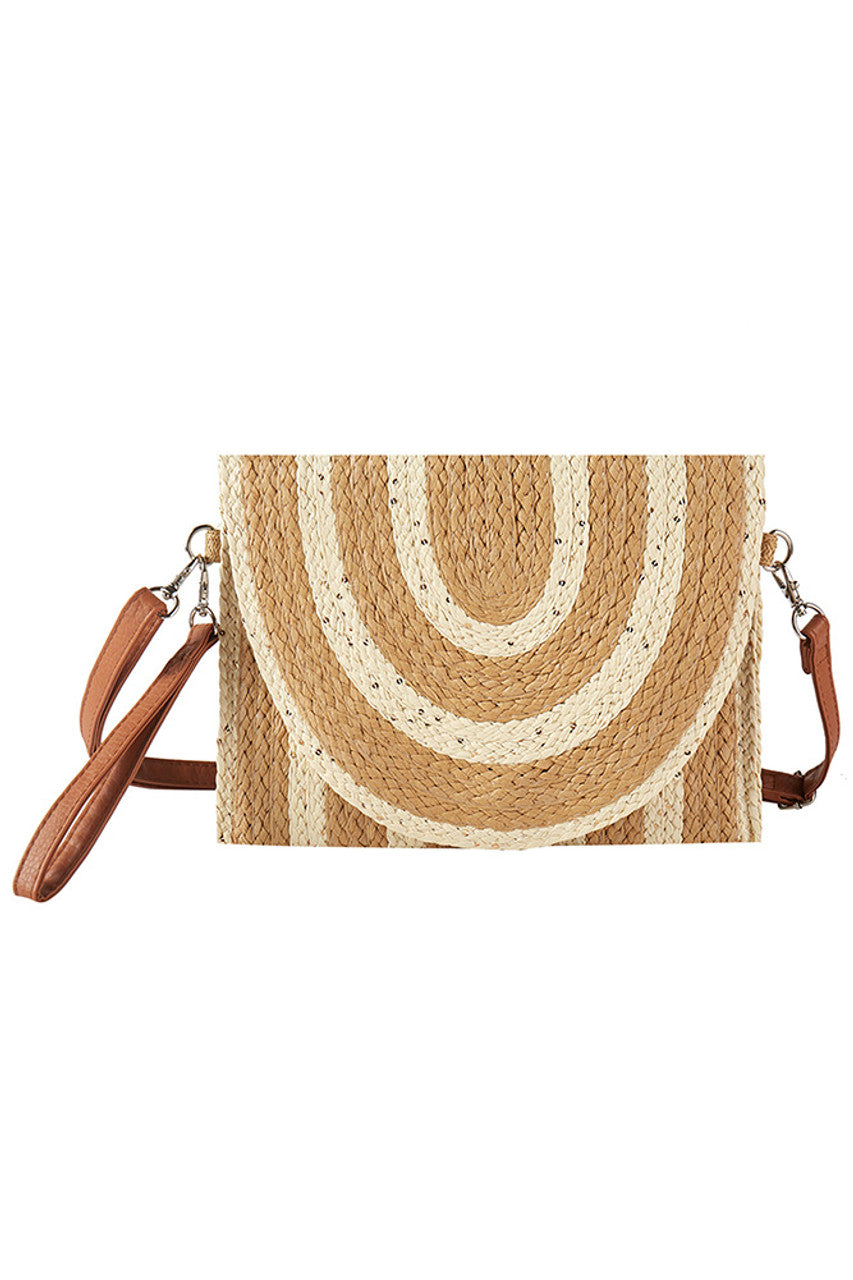 Sequin Mixed Two Tone Straw Clutch Crossbody Bag
