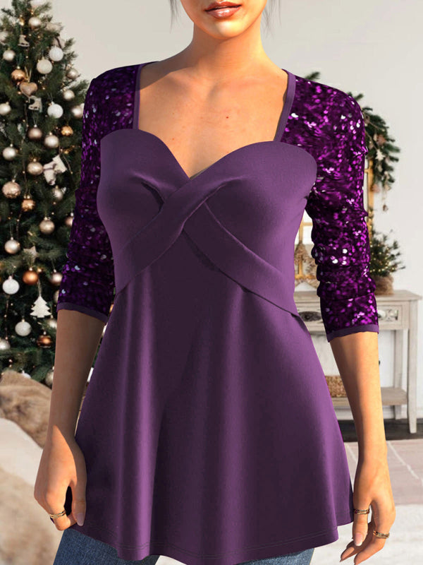 Sequin patchwork top waist-cinching pleated V-neck A-hem women’s T-shirt - Purple / S