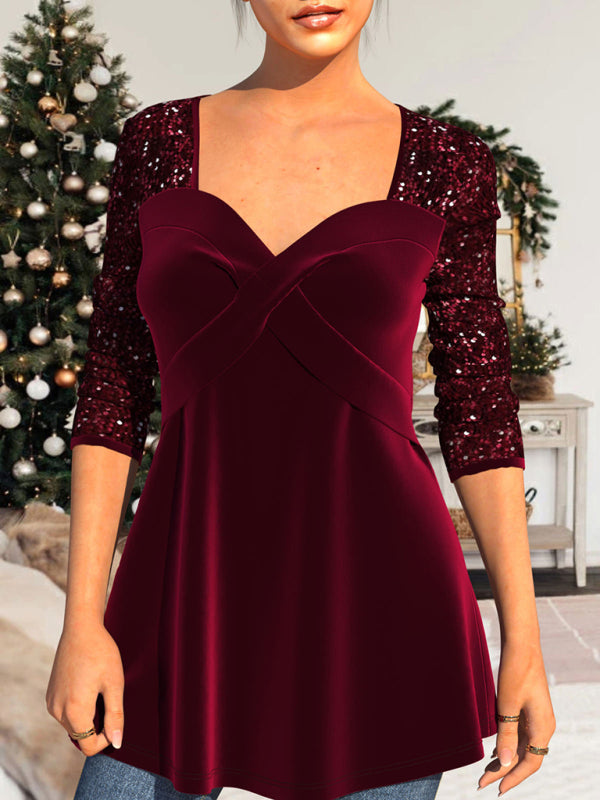 Sequin patchwork top waist-cinching pleated V-neck A-hem women’s T-shirt - Red / S