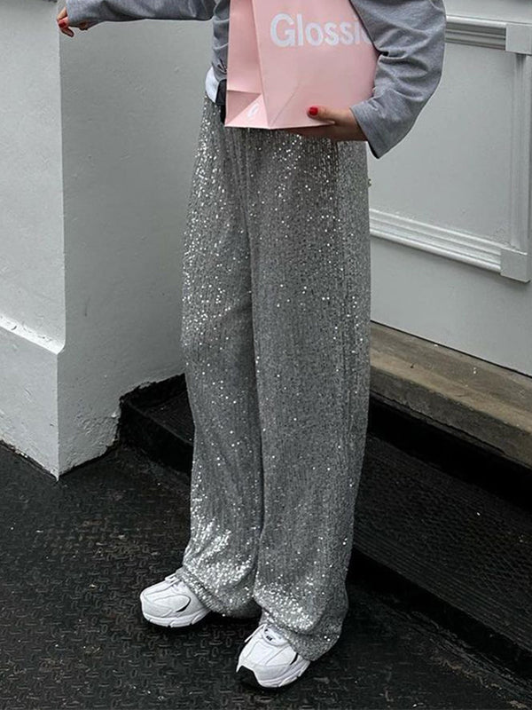 SEQUIN WIDE-LEG PANTS FOR CASUAL VINTAGE STREETWEAR
