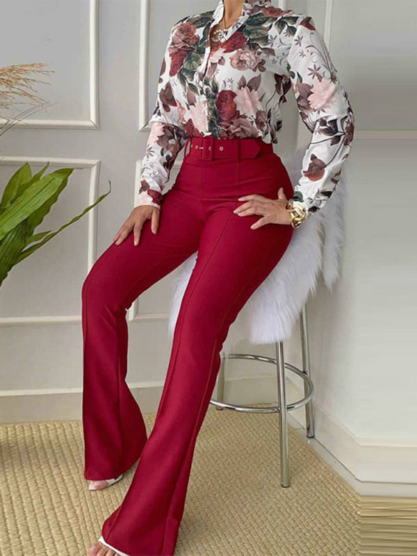 Set printed long-sleeved shirt top wide-leg pants two-piece set - Printing 7 / S