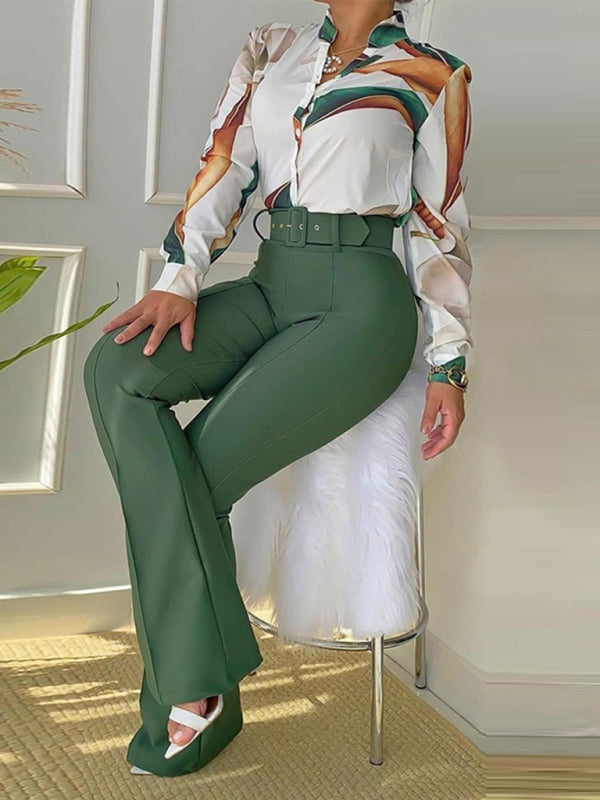 Set printed long-sleeved shirt top wide-leg pants two-piece set - Printing 2 / S