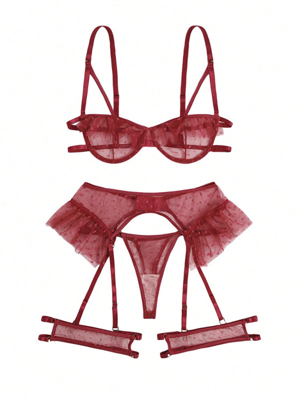 Burgundy lingerie set featuring a three-point bra and matching panties for an alluring look