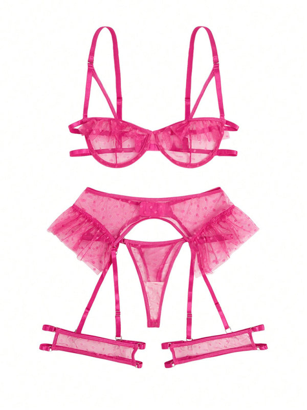 Pink lingerie set featuring a sexy three-point bra and matching panties for allure