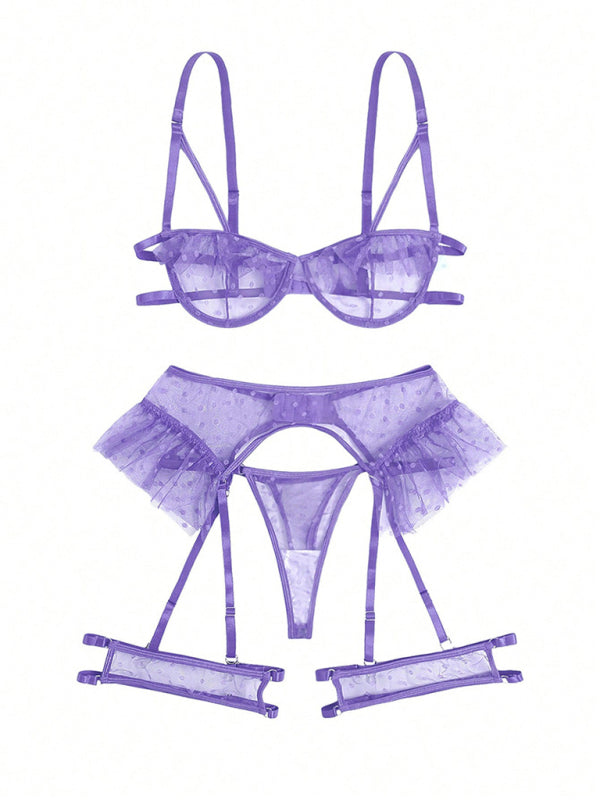Purple lingerie set featuring a three-point bra and matching panties for a seductive look