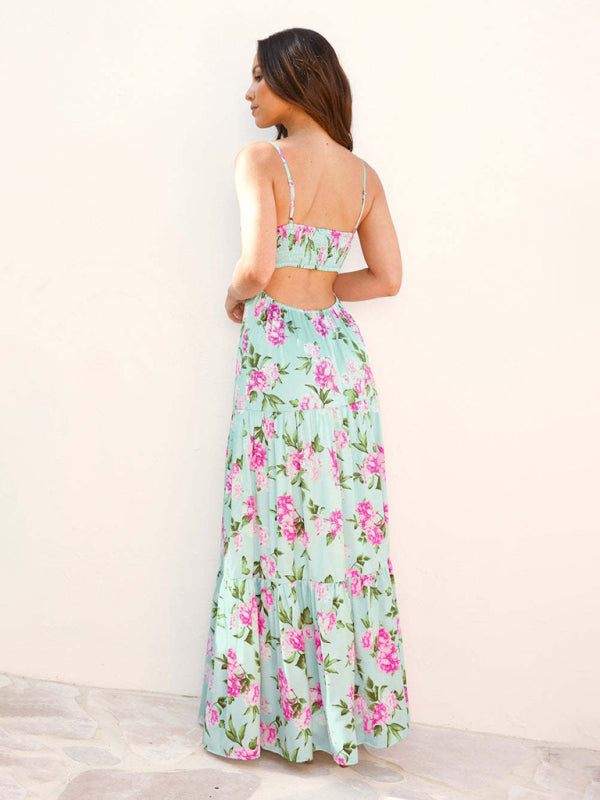 Floral print maxi dress showcasing fabric offers in a Sexy backless suspender bohemian seaside holiday dress