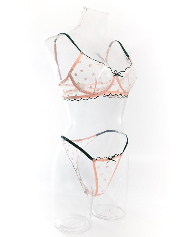 Sexy bra set with playing card pattern embroidery transparent lace underwire gathered Underwear set