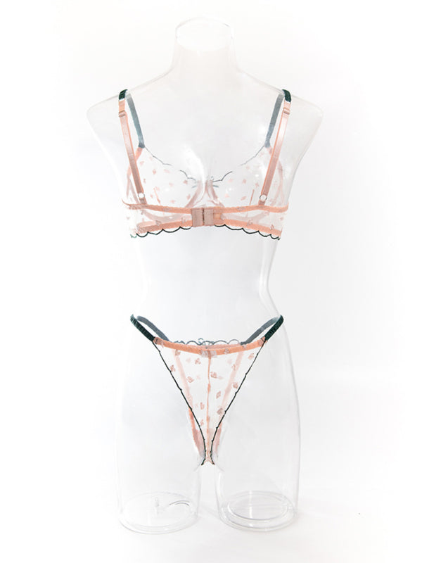 Sexy bra set with playing card pattern embroidery transparent lace underwire gathered Underwear set
