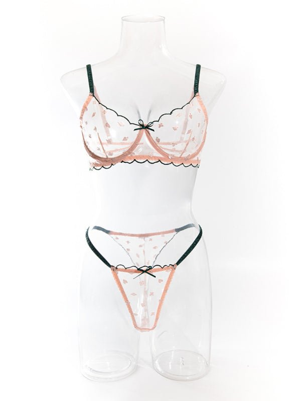 Sexy bra set with playing card pattern embroidery transparent lace underwire gathered Underwear set