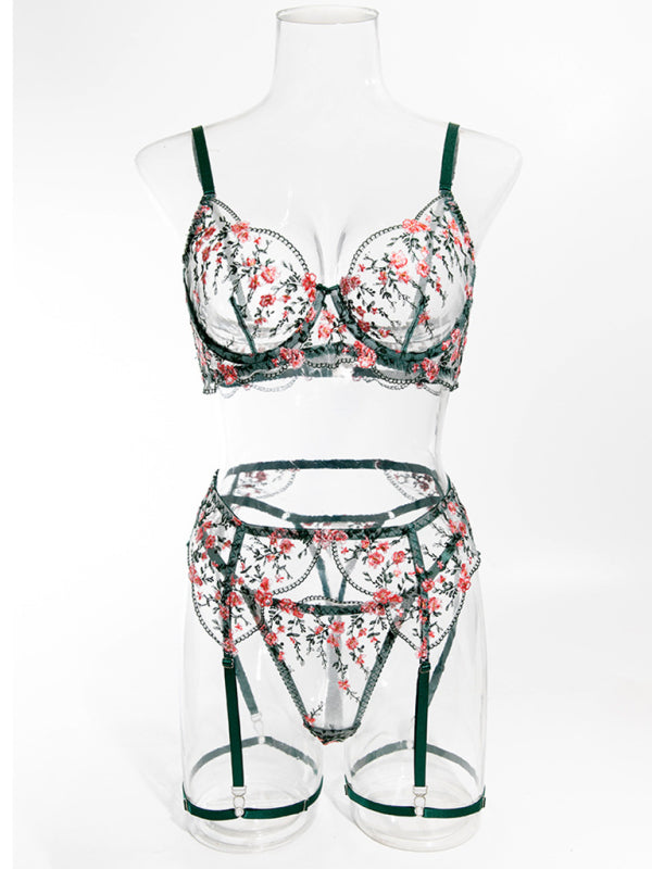 Sexy embroidered bra see-through underwear four-piece set