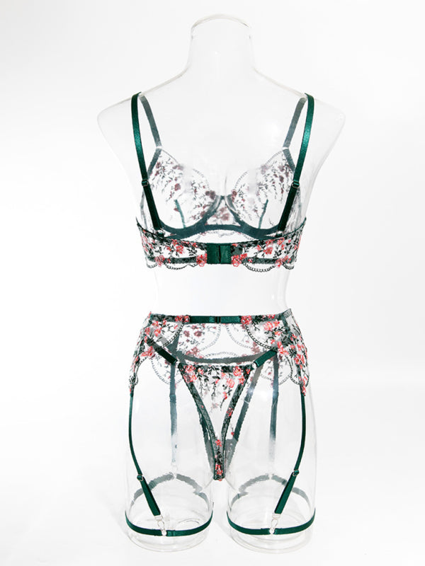 Sexy embroidered bra see-through underwear four-piece set