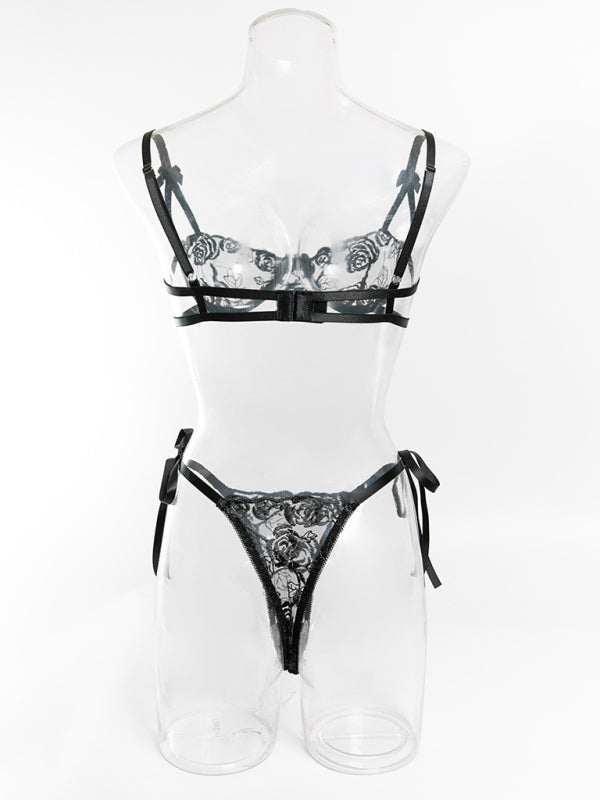 Sexy embroidered string bra date essential fun set