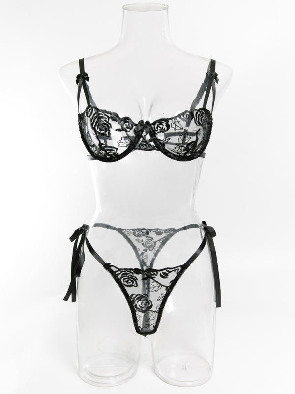 Sexy embroidered string bra date essential fun set