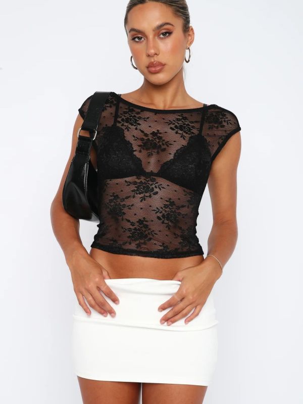 Sexy Lace Mesh Backless Top for Women Sheer See-through T-shirt - Black / S