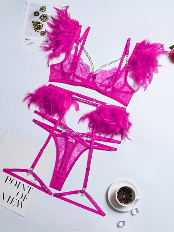 Sexy Lingerie-Lace Feather Sexy Lingerie Four-piece Set - Rose / S