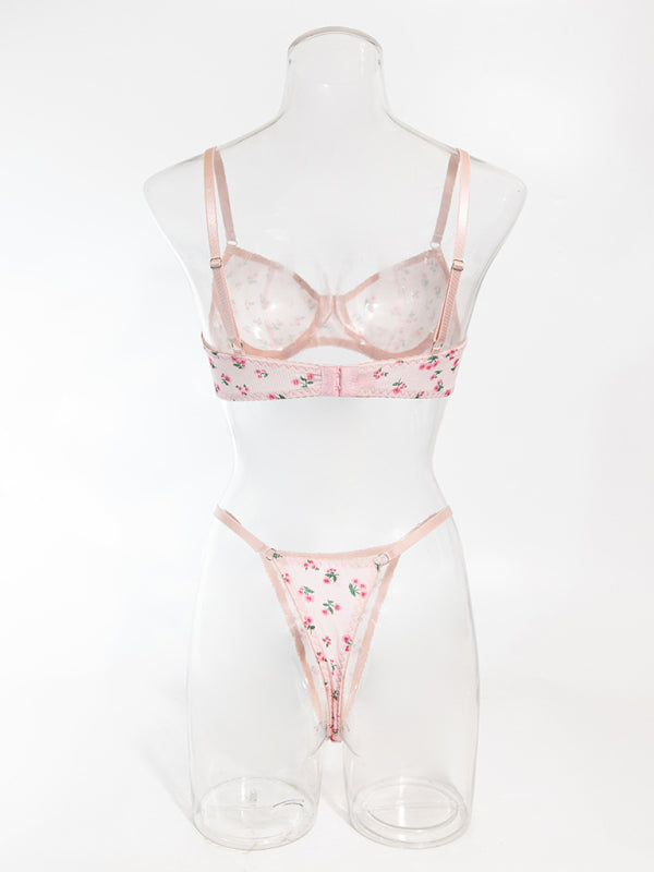Sexy pastoral floral knitted lingerie set