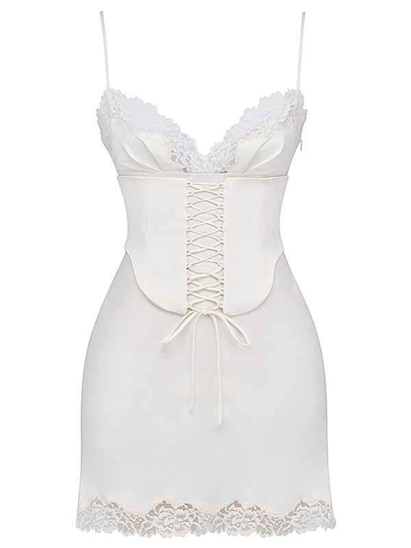 Sexy satin lace stitching V-neck strapless backless dress